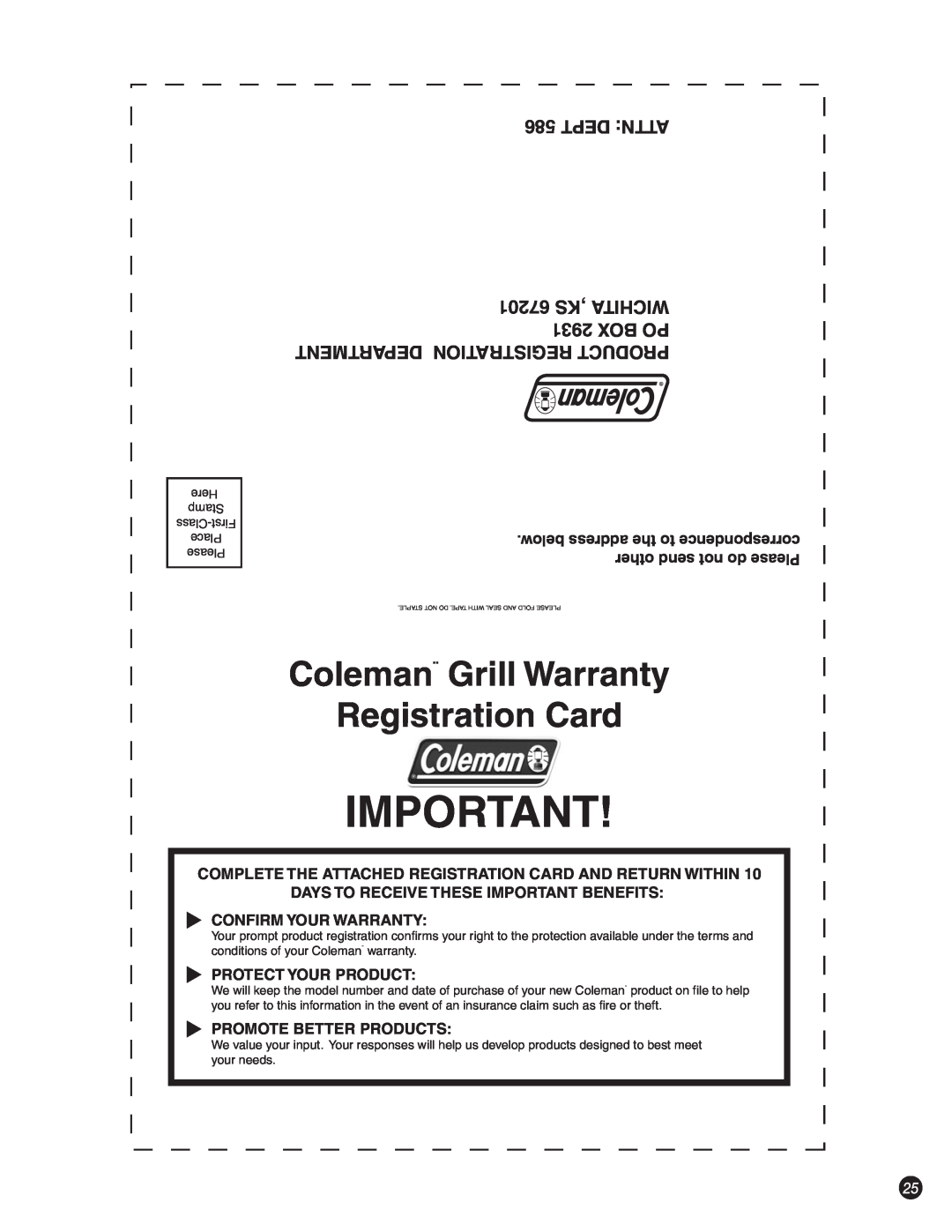 Coleman 8450 Series, 9992-649 manual Dept Attn, 67201 ,KS WICHITA 2931 BOX PO DEPARTMENT REGISTRATION PRODUCT 