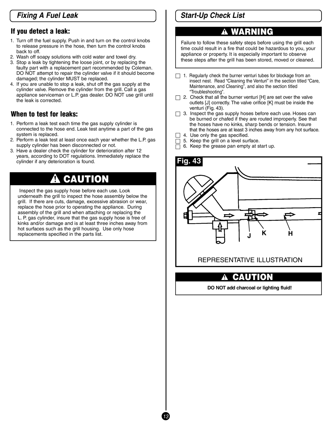 Coleman 9993 Series manual Fixing a Fuel Leak, Start-Up Check List, If you detect a leak, When to test for leaks 