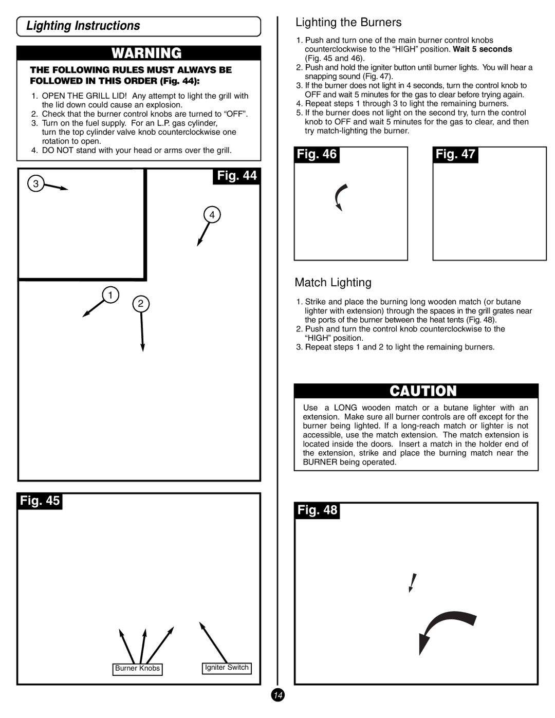 Coleman 9993 Series manual Lighting Instructions, Lighting the Burners, Match Lighting 