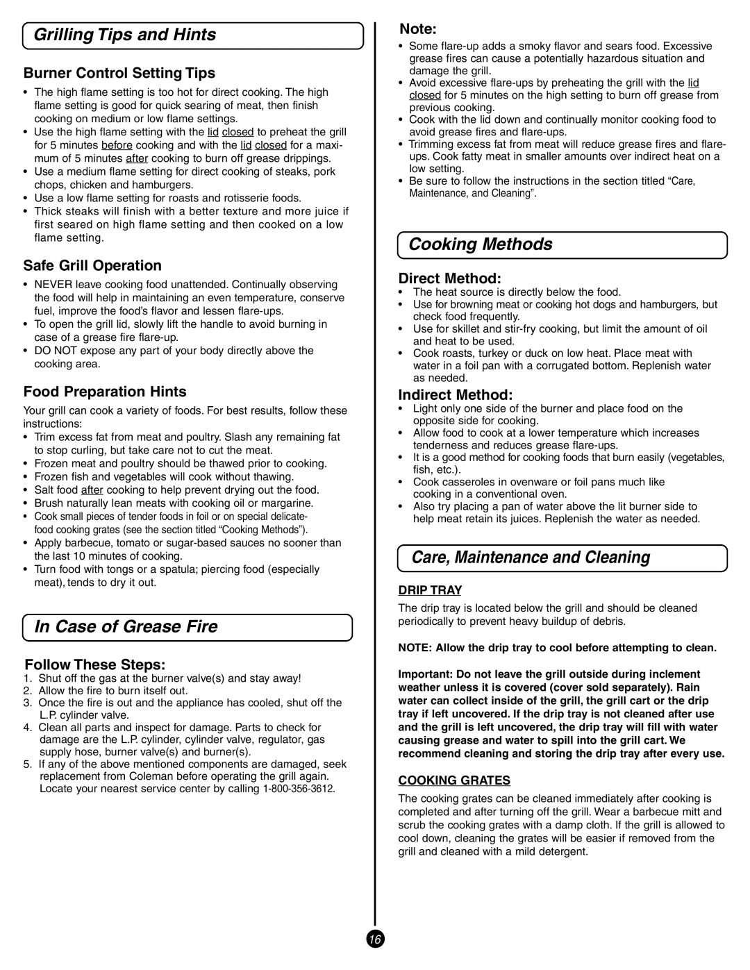 Coleman 9993 Series manual Grilling Tips and Hints, Case of Grease Fire, Cooking Methods, Care, Maintenance and Cleaning 