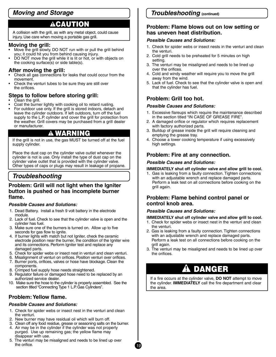 Coleman 9993 Series manual Moving and Storage, Troubleshooting 