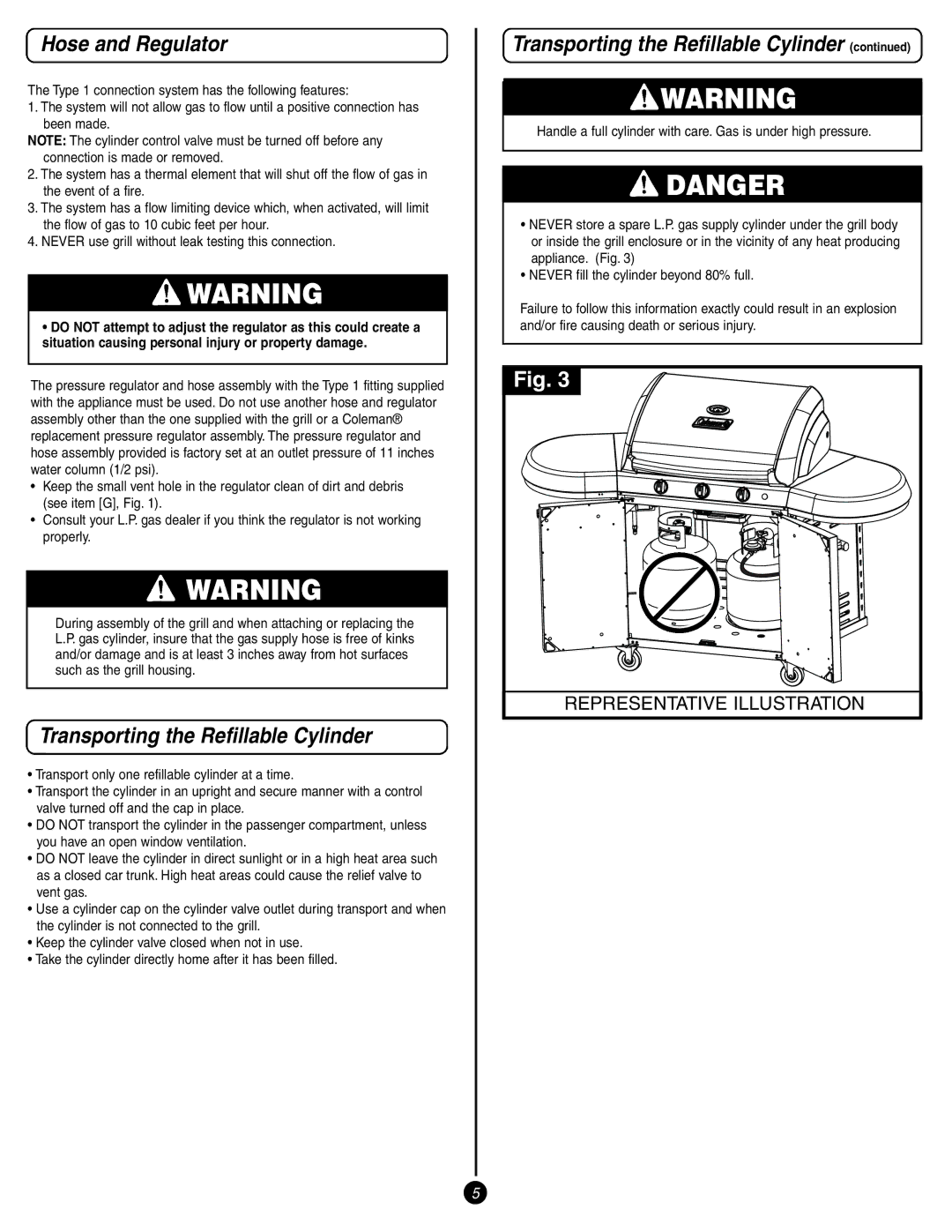 Coleman 9993 Series manual Hose and Regulator, Transporting the Refillable Cylinder 