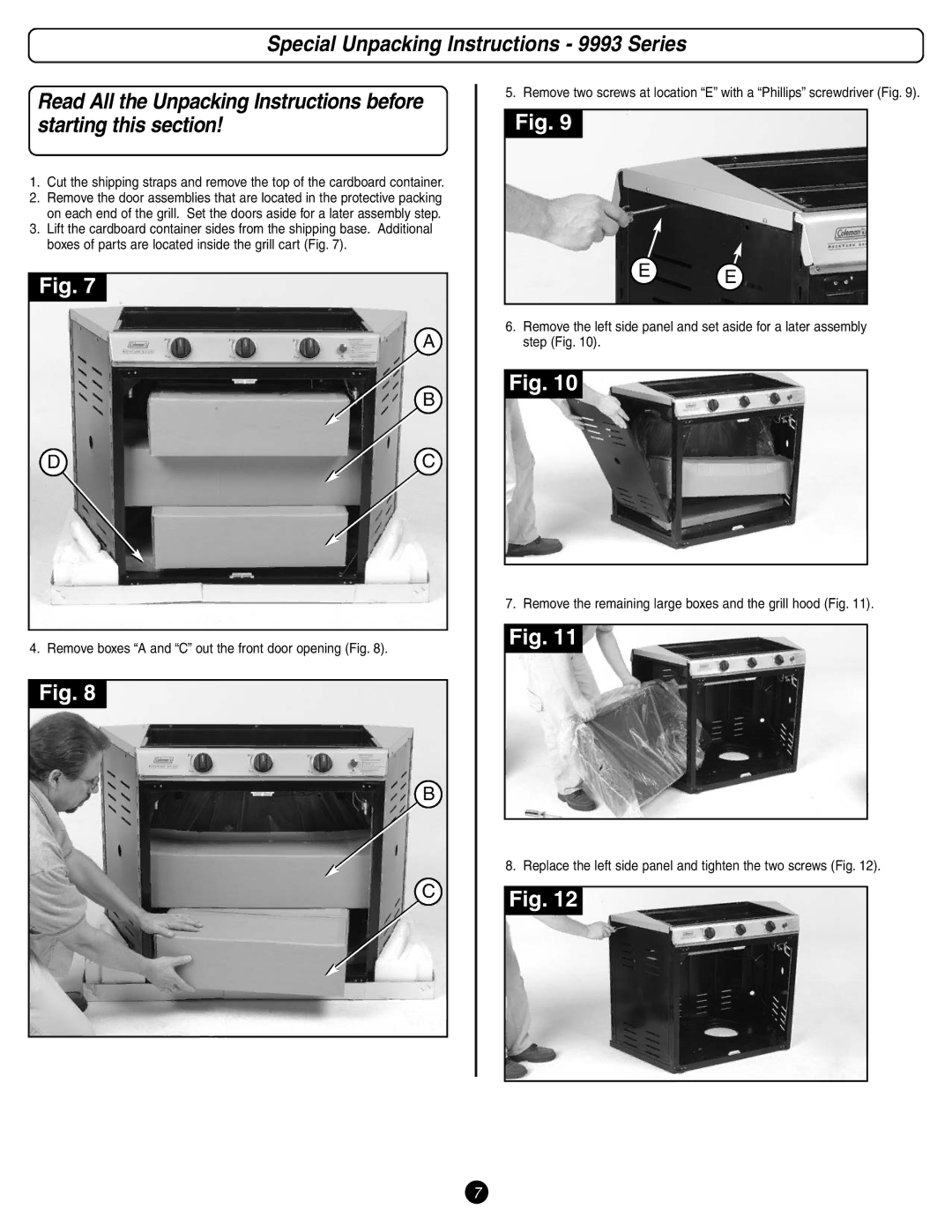 Coleman 9993 Series manual Remove boxes a and C out the front door opening Fig 