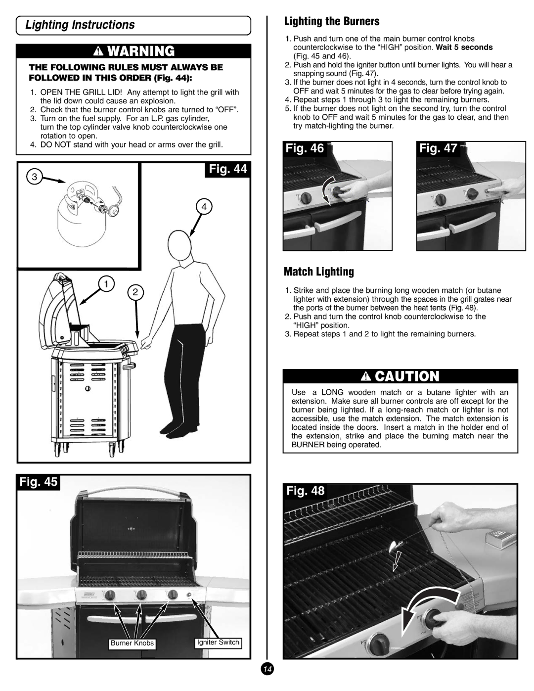 Coleman 9993 manual Lighting Instructions, Lighting the Burners, Match Lighting 