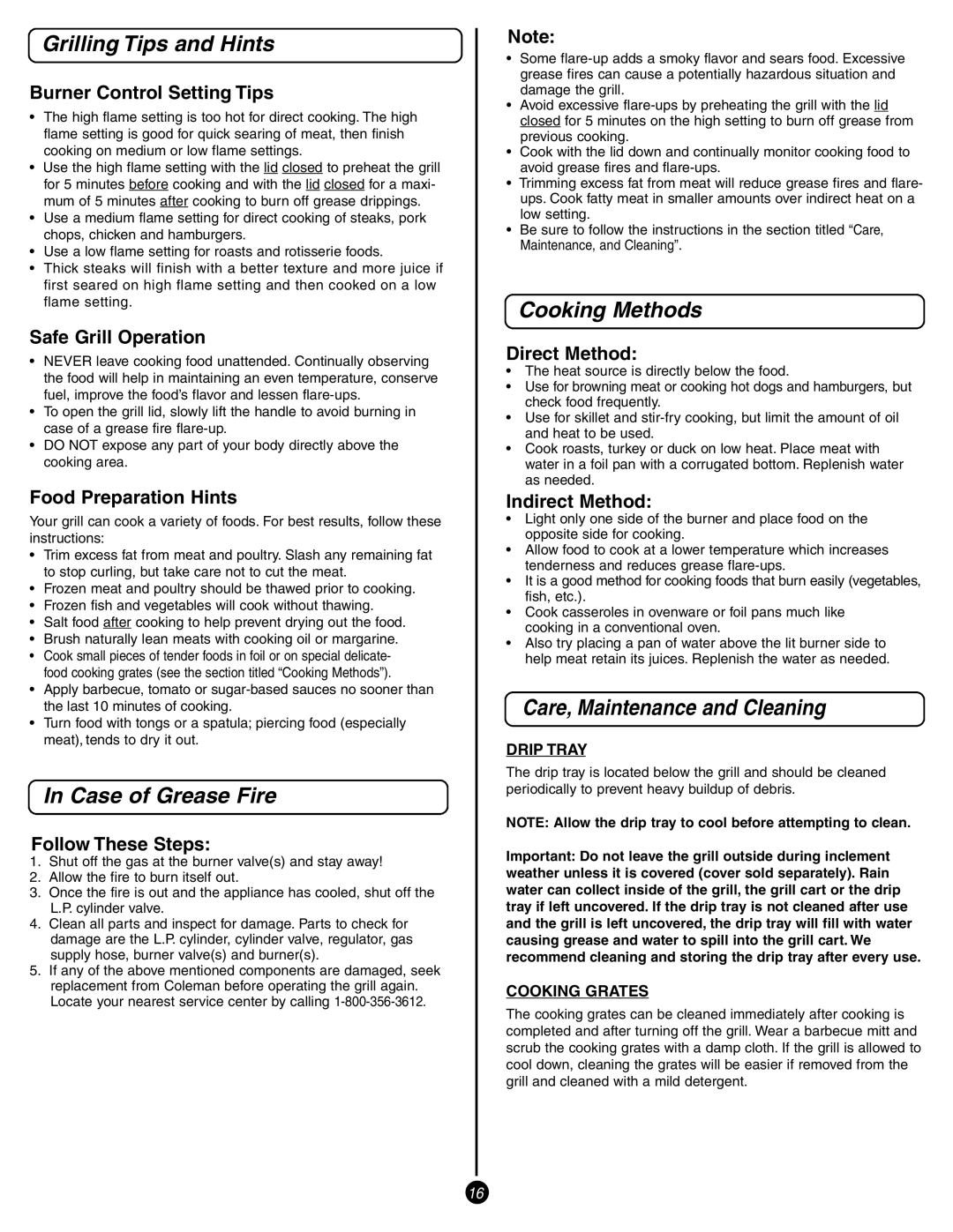 Coleman 9993 manual Grilling Tips and Hints, Case of Grease Fire, Cooking Methods, Care, Maintenance and Cleaning 