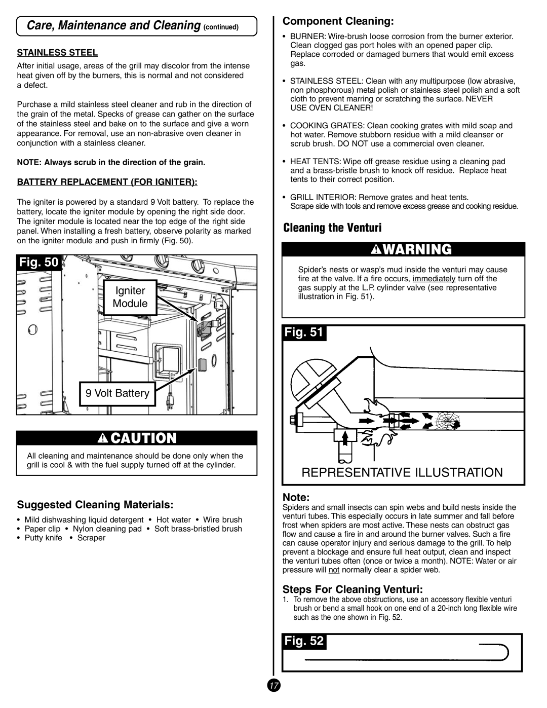 Coleman 9993 manual Cleaning the Venturi, Suggested Cleaning Materials, Component Cleaning, Steps For Cleaning Venturi 