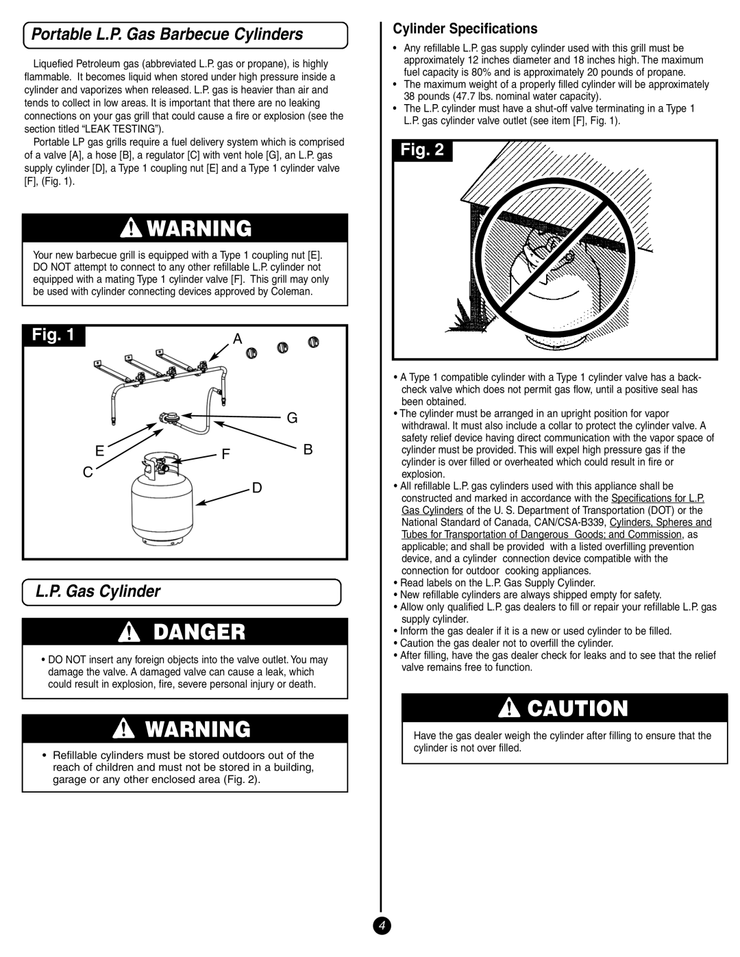 Coleman 9993 manual Portable L.P. Gas Barbecue Cylinders, Gas Cylinder, Cylinder Specifications 