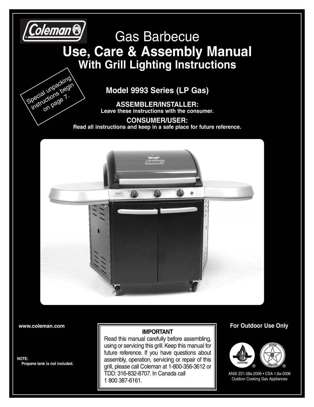 Coleman 9993 manual Assembler/Installer, Consumer/User, Leave these instructions with the consumer, Gas Barbecue, Special 