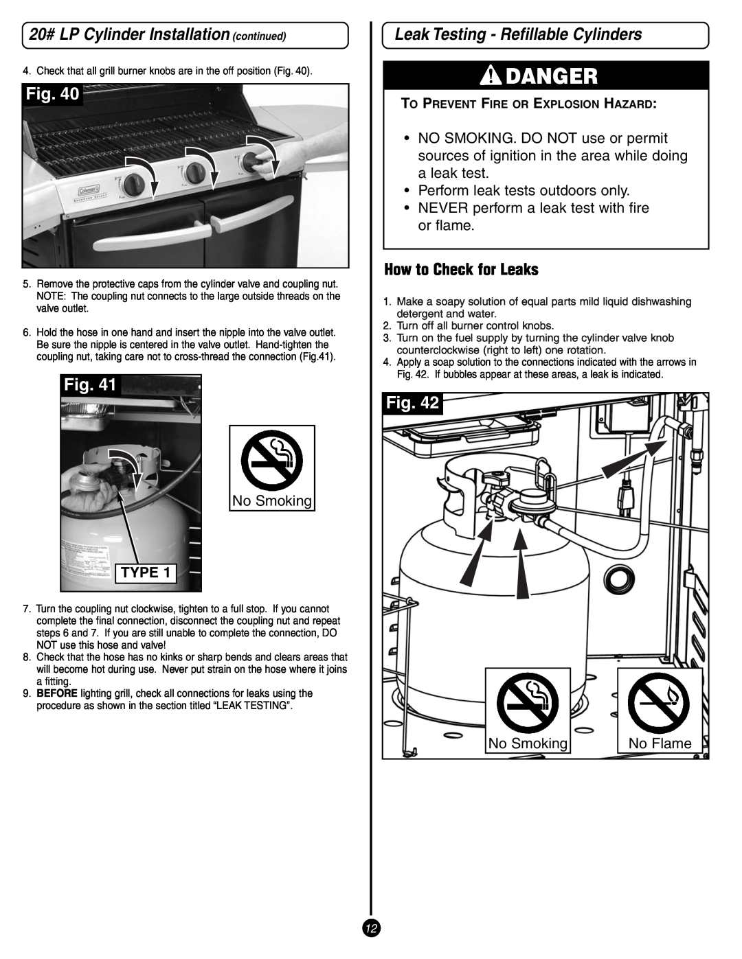 Coleman 9993 manual Leak Testing - Refillable Cylinders, How to Check for Leaks, No Smoking, Type, No Flame, Danger 