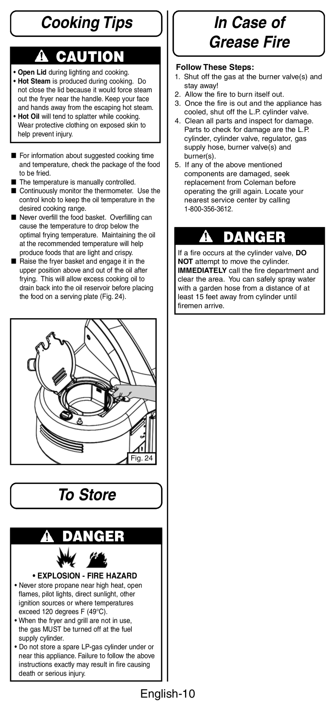 Coleman 9994 instruction manual Cooking Tips, To Store, Case Grease Fire, English-10 