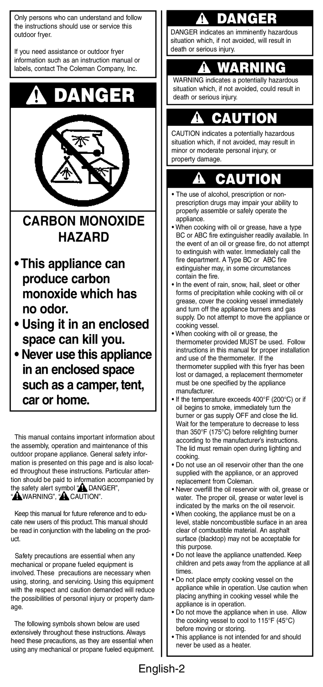 Coleman 9994 instruction manual Carbon Monoxide Hazard, English-2 