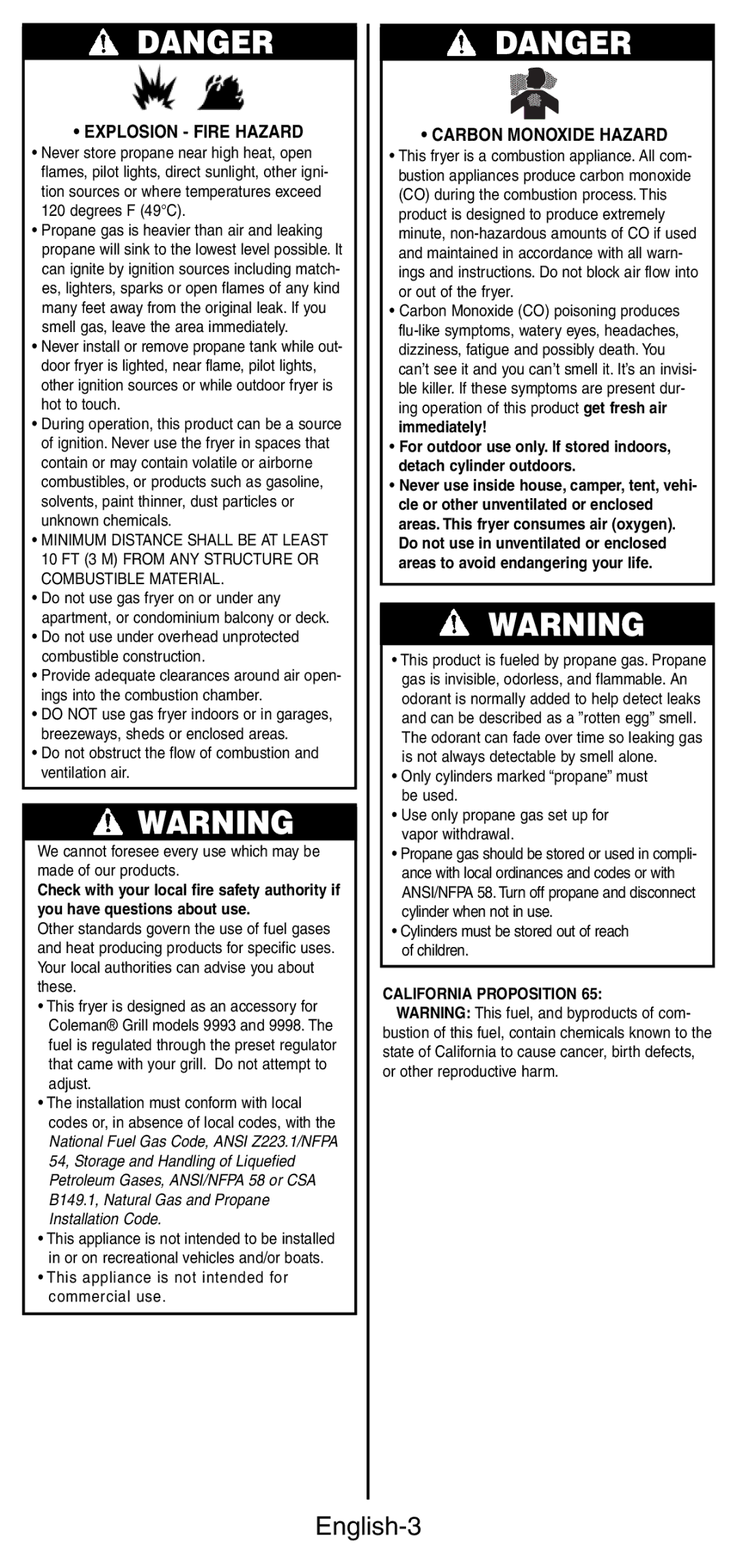 Coleman 9994 instruction manual English-3, Explosion Fire Hazard 