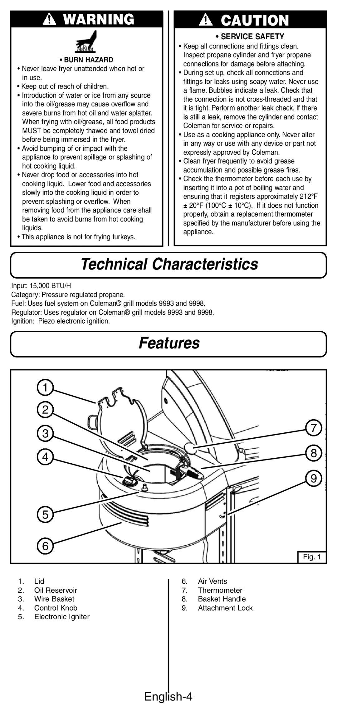 Coleman 9994 instruction manual Technical Characteristics, Features, English-4 