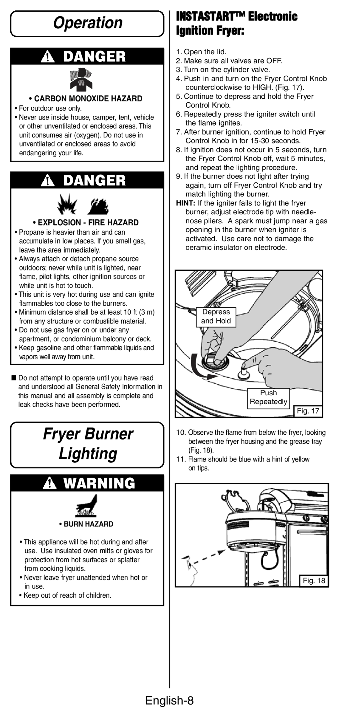 Coleman 9994 instruction manual Operation, Fryer Burner Lighting, English-8 