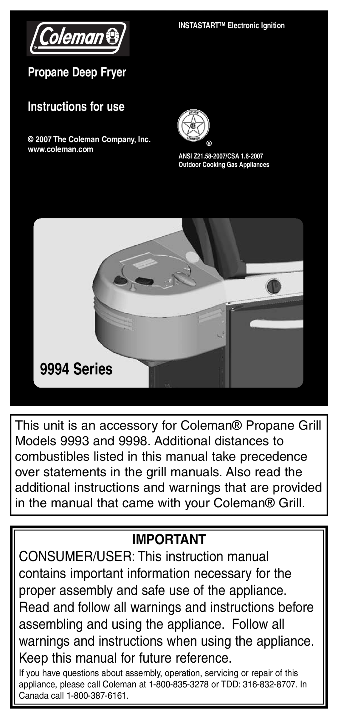 Coleman 9994 instruction manual Series, Propane Deep Fryer Instructions for use 
