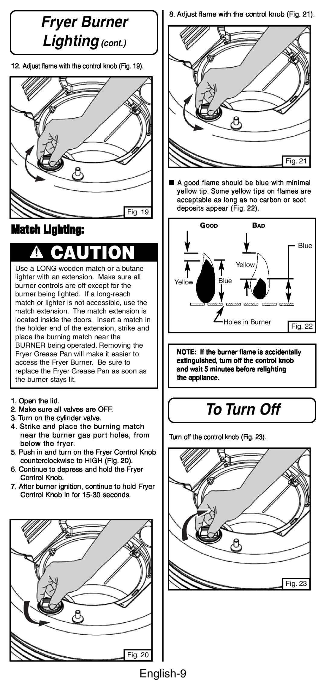 Coleman 9994 instruction manual Fryer Burner Lighting cont, To Turn Off, Match Lighting, English-9 