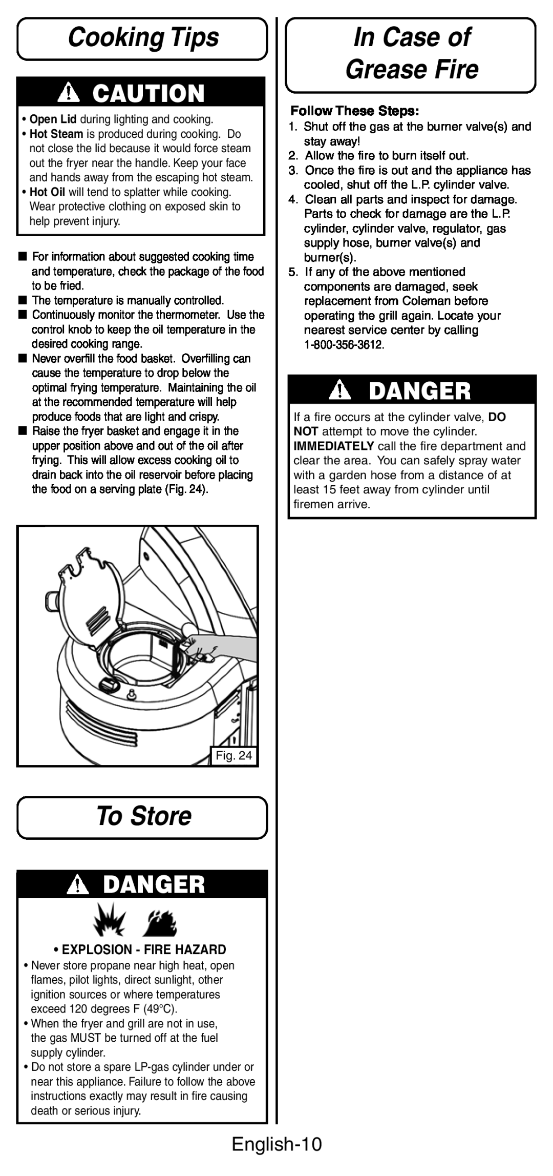 Coleman 9994 instruction manual Cooking Tips, To Store, In Case of Grease Fire, Danger, English-10, Explosion - Fire Hazard 