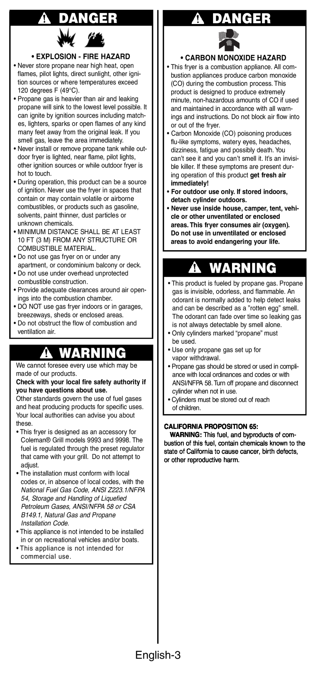 Coleman 9994 instruction manual Danger, English-3, Explosion - Fire Hazard, Carbon Monoxide Hazard, California Proposition 