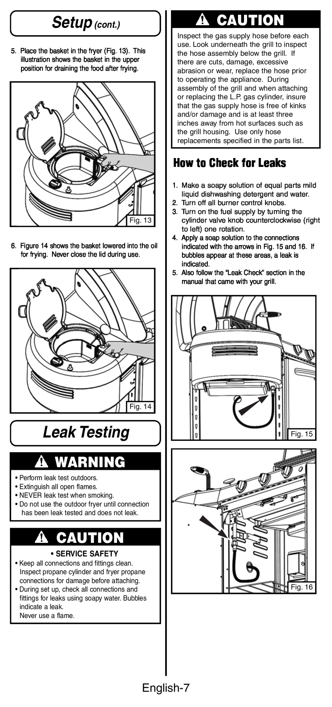 Coleman 9994 instruction manual Leak Testing, How to Check for Leaks, English-7, Setup cont, Service Safety 