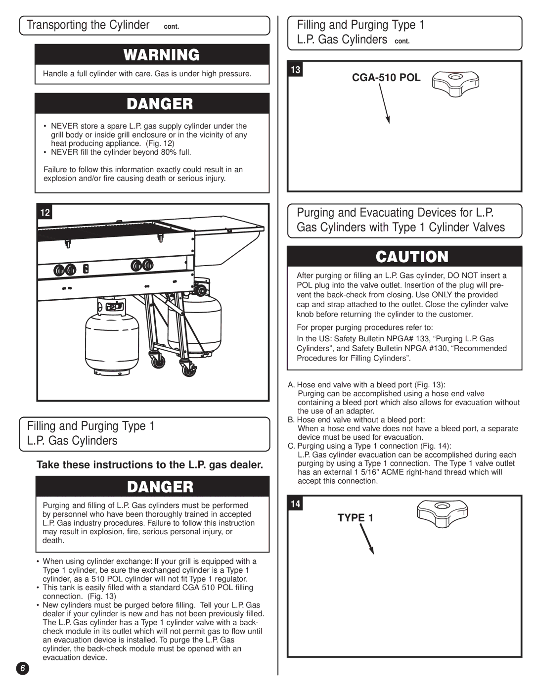 Coleman 9995A manual Filling and Purging Type Gas Cylinders, Take these instructions to the L.P. gas dealer 