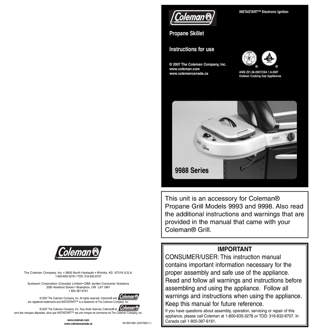 Coleman 9993, 9998 instruction manual Series 