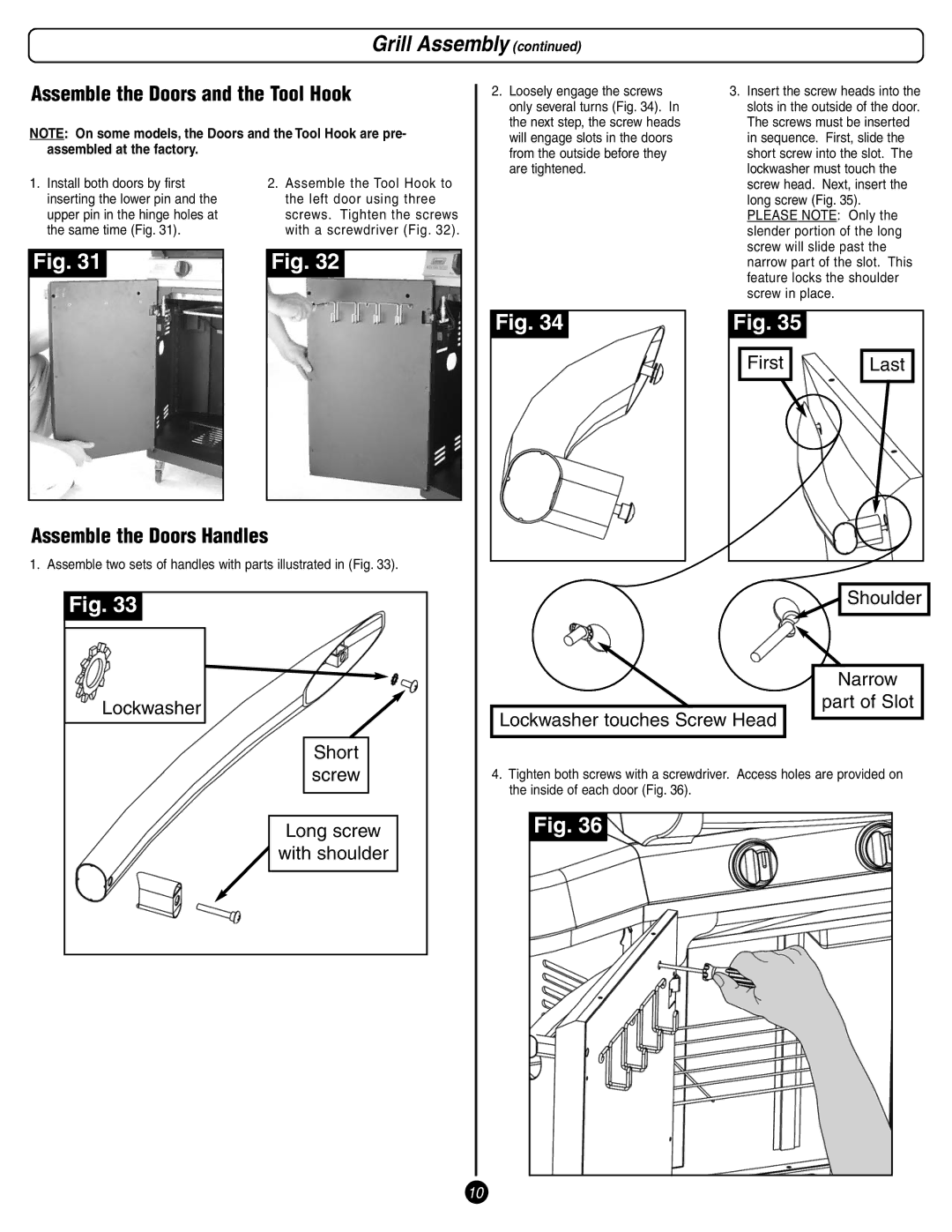 Coleman 9998 Series manual Assemble the Doors and the Tool Hook, Assemble the Doors Handles 