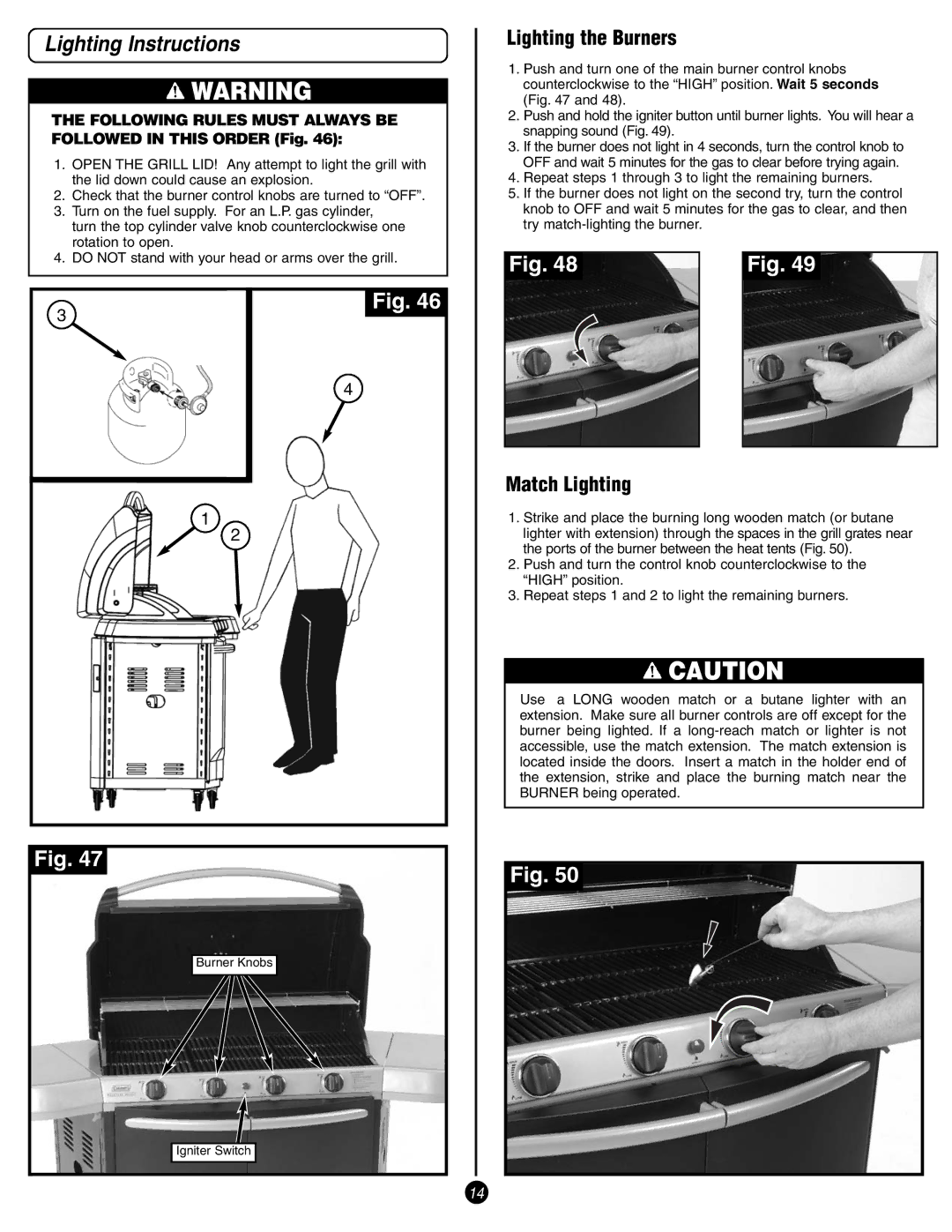 Coleman 9998 Series manual Lighting Instructions, Lighting the Burners, Match Lighting 