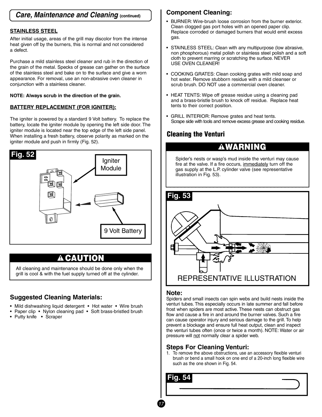 Coleman 9998 Series Cleaning the Venturi, Suggested Cleaning Materials, Component Cleaning, Steps For Cleaning Venturi 