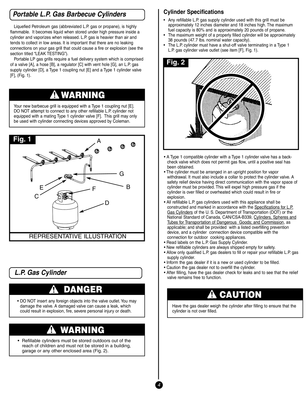 Coleman 9998 Series manual Portable L.P. Gas Barbecue Cylinders, Gas Cylinder, Cylinder Specifications 