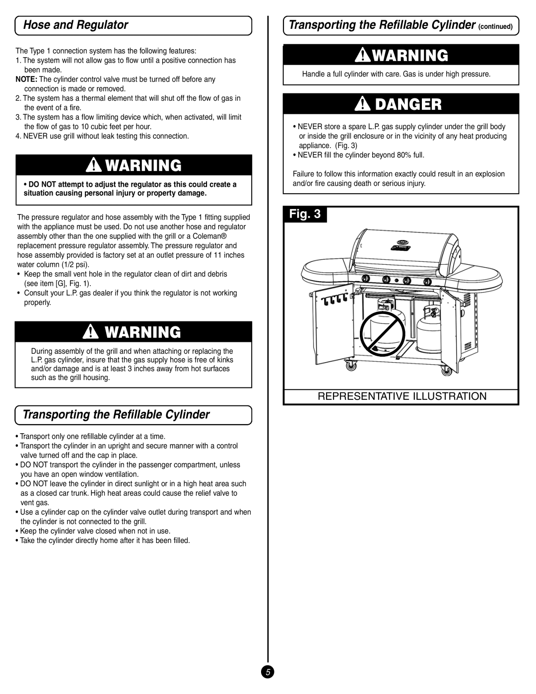 Coleman 9998 Series manual Hose and Regulator, Transporting the Refillable Cylinder 