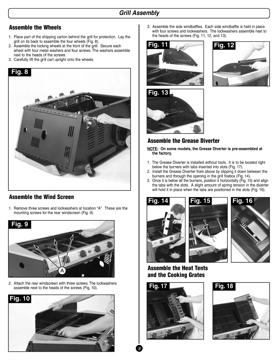 Coleman 9998 Series manual Grill Assembly, Assemble the Wheels, Assemble the Wind Screen, Assemble the Grease Diverter 