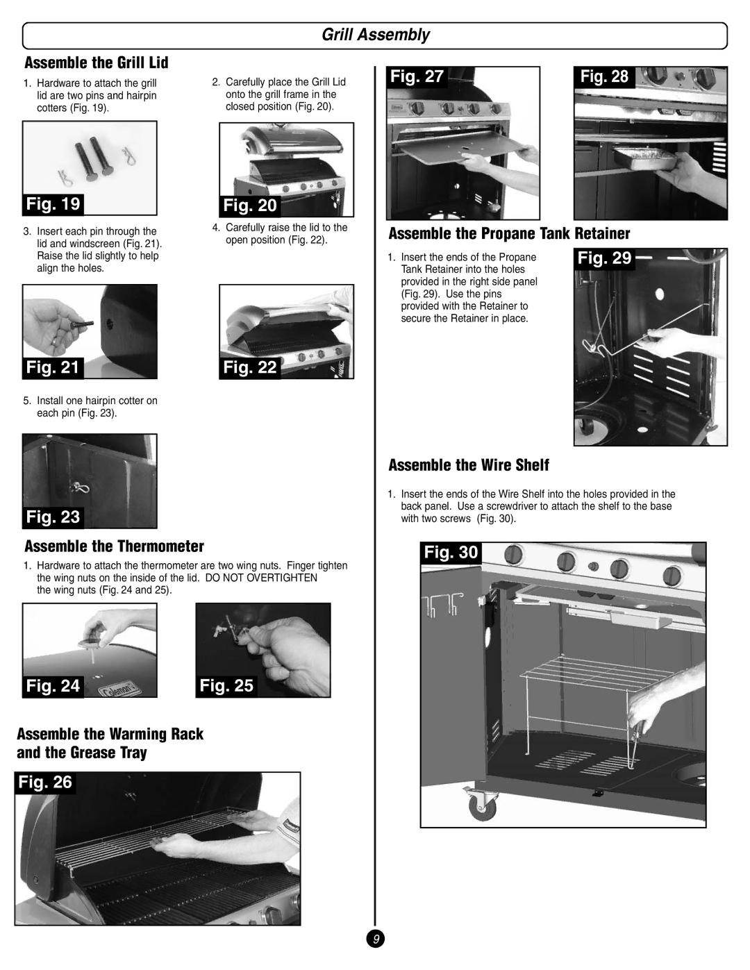 Coleman 9998 Series manual Assemble the Grill Lid, Assemble the Propane Tank Retainer, Assemble the Thermometer 