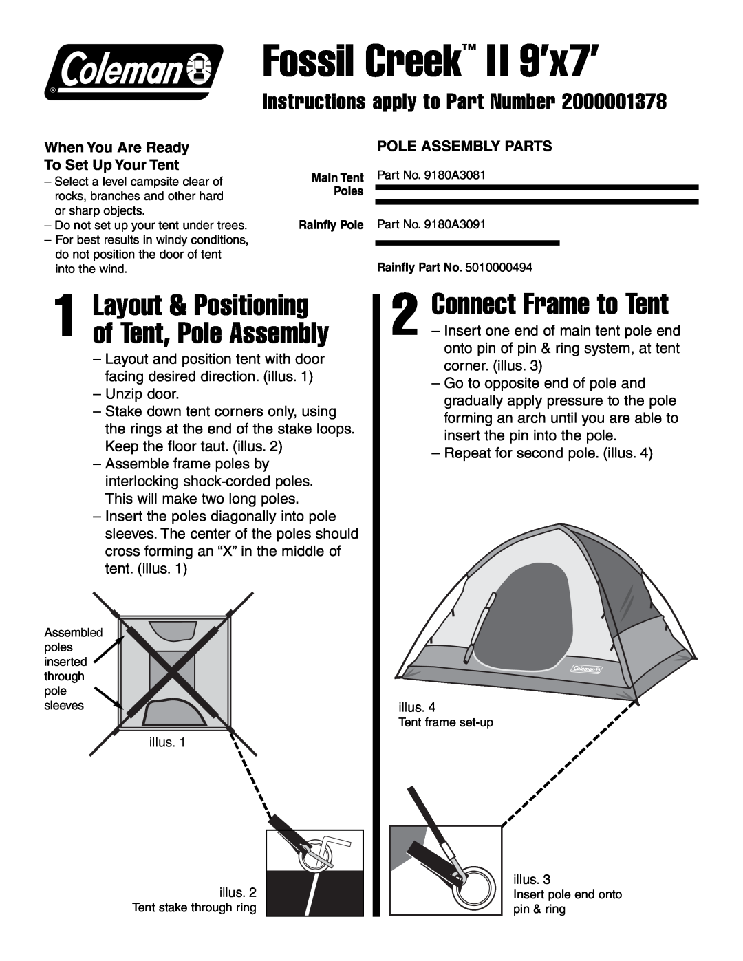 Coleman 9'x7 manual Connect Frame to Tent, Layout & Positioning of Tent, Pole Assembly, Pole Assembly Parts 