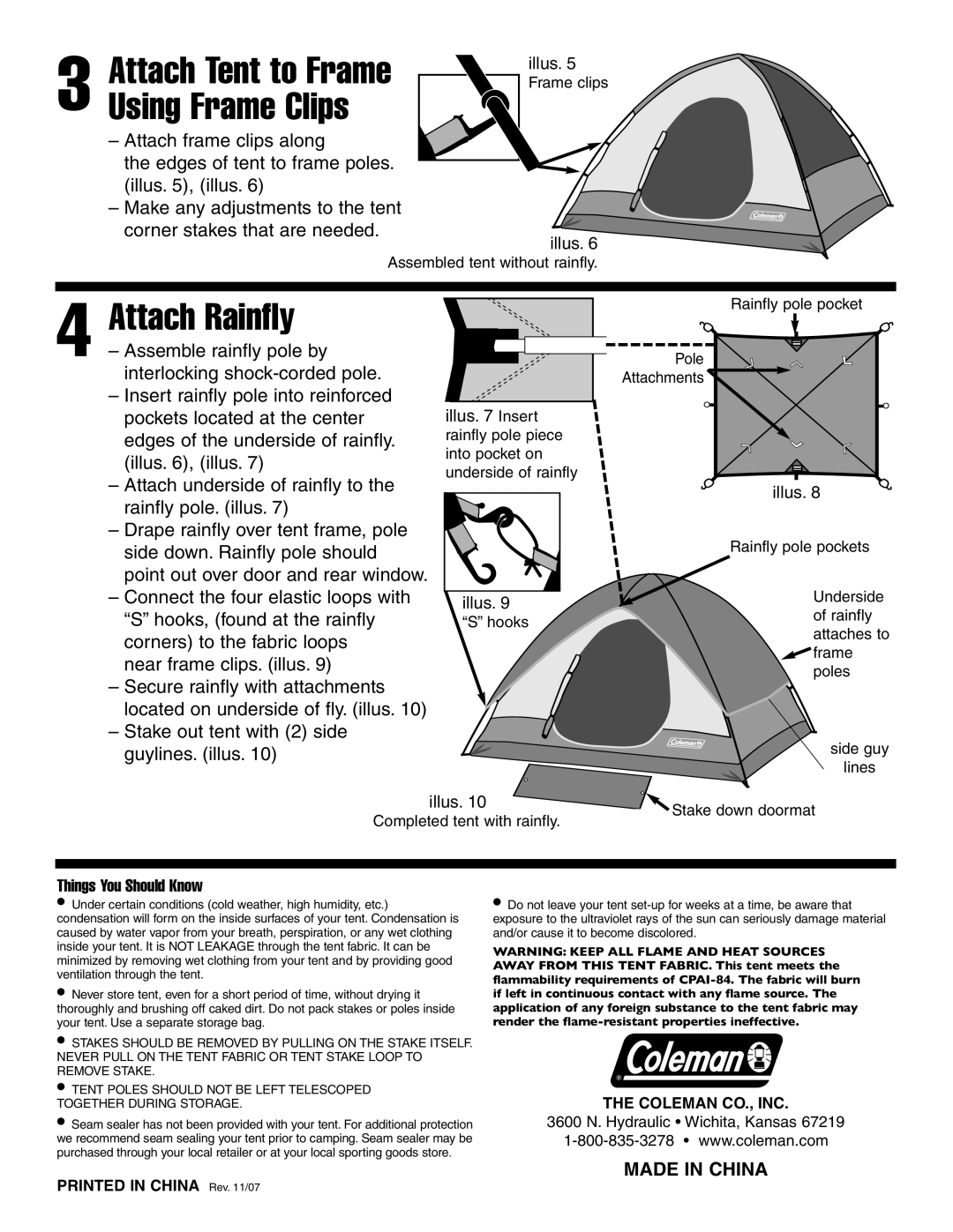 Coleman 9'x7 manual Attach Rainfly, Attach Tent to Frame Using Frame Clips, Made In China 