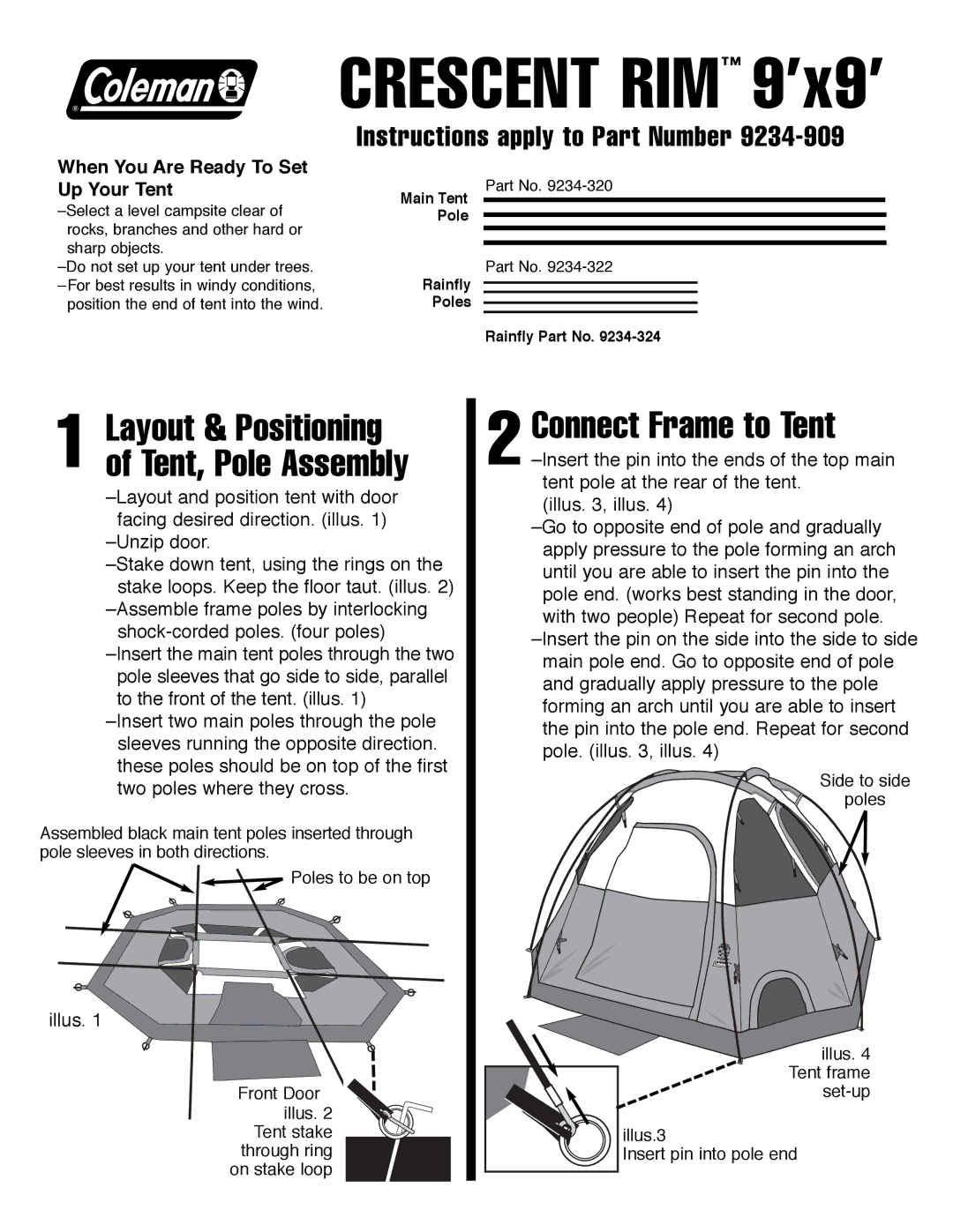 Coleman 9'x9 manual Crescent RIM 9’x9’, Connect Frame to Tent, Layout & Positioning of Tent, Pole Assembly, Illus 