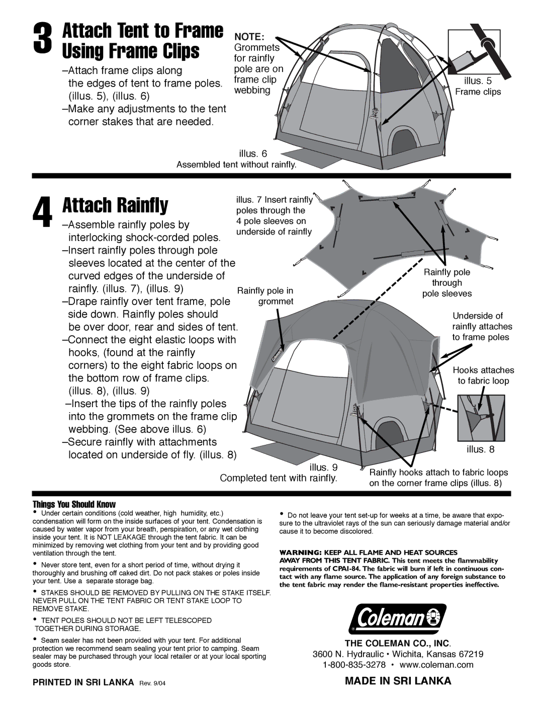 Coleman 9'x9 manual Attach Rainfly, Attach Tent to Frame Using Frame Clips, Located on underside of fly. illus, Illus 