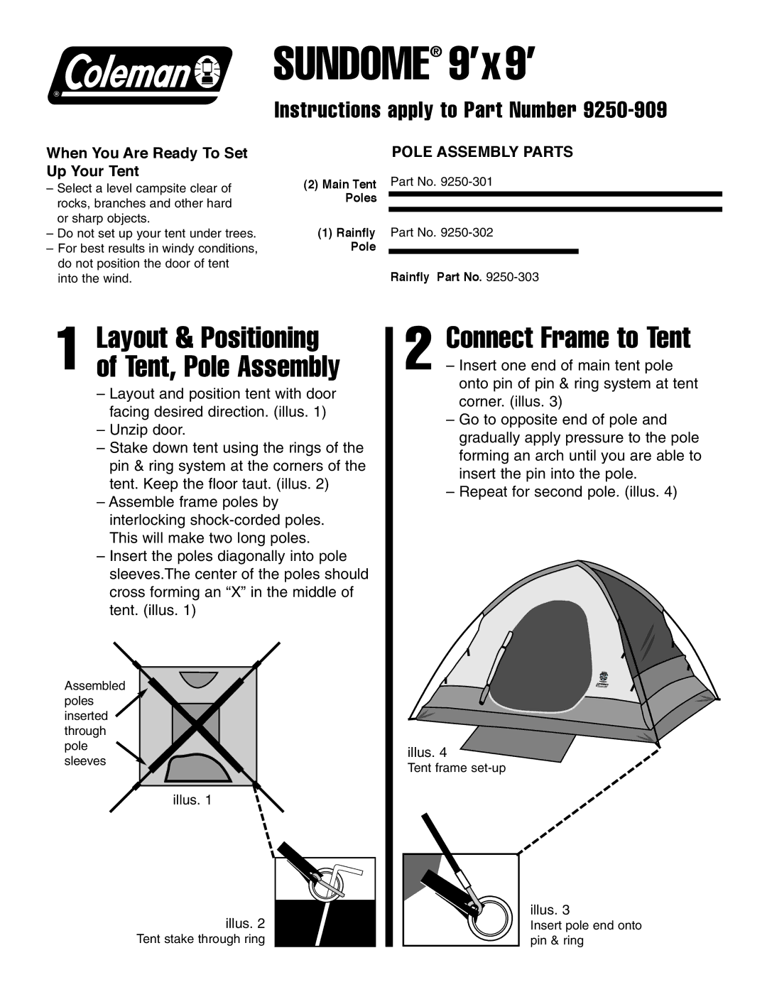 Coleman 9'x9 manual Sundome 9’x 9’, Connect Frame to Tent, Layout & Positioning of Tent, Pole Assembly, Illus 