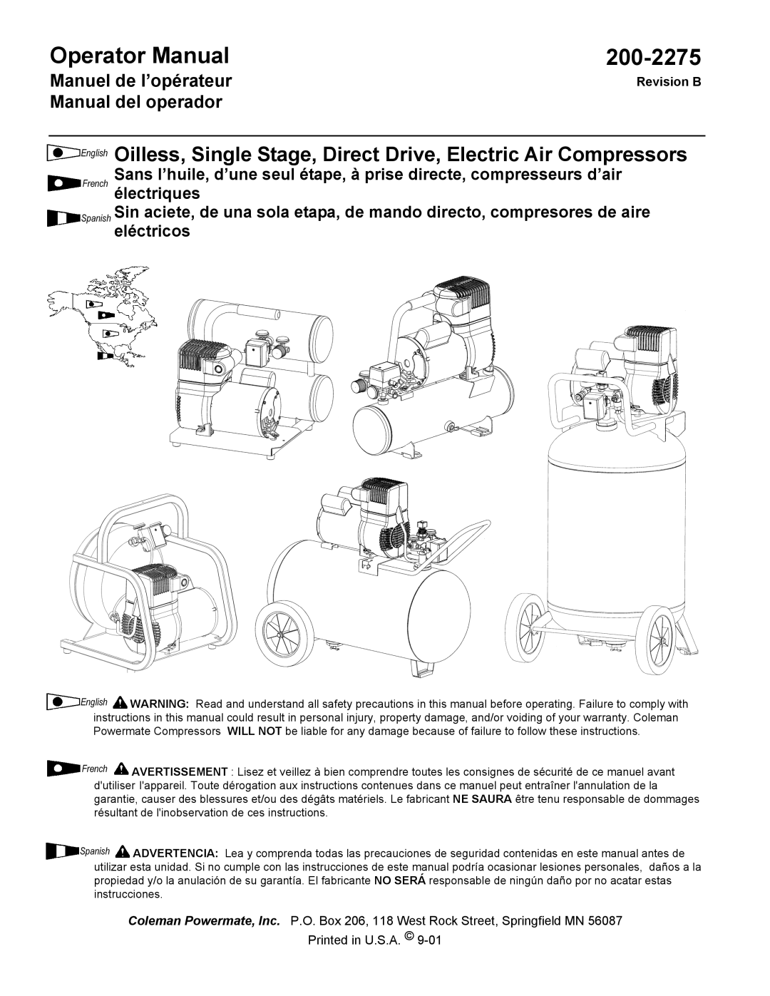 Coleman Air Compressors warranty Operator Manual 200-2275 