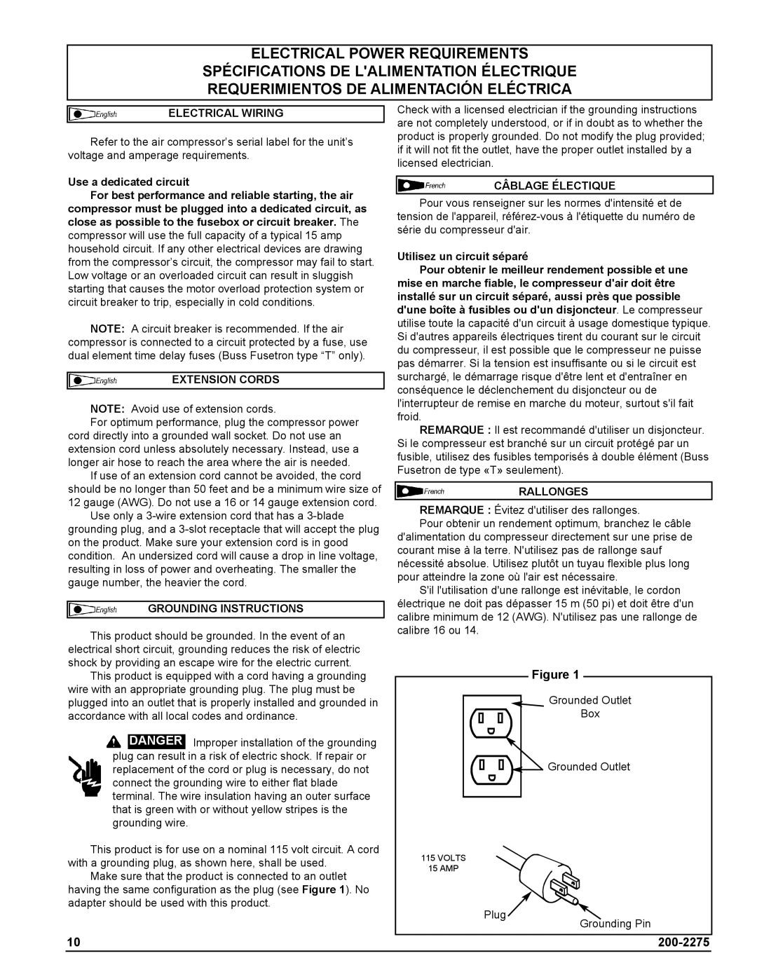 Coleman Air Compressors warranty Electrical Power Requirements 