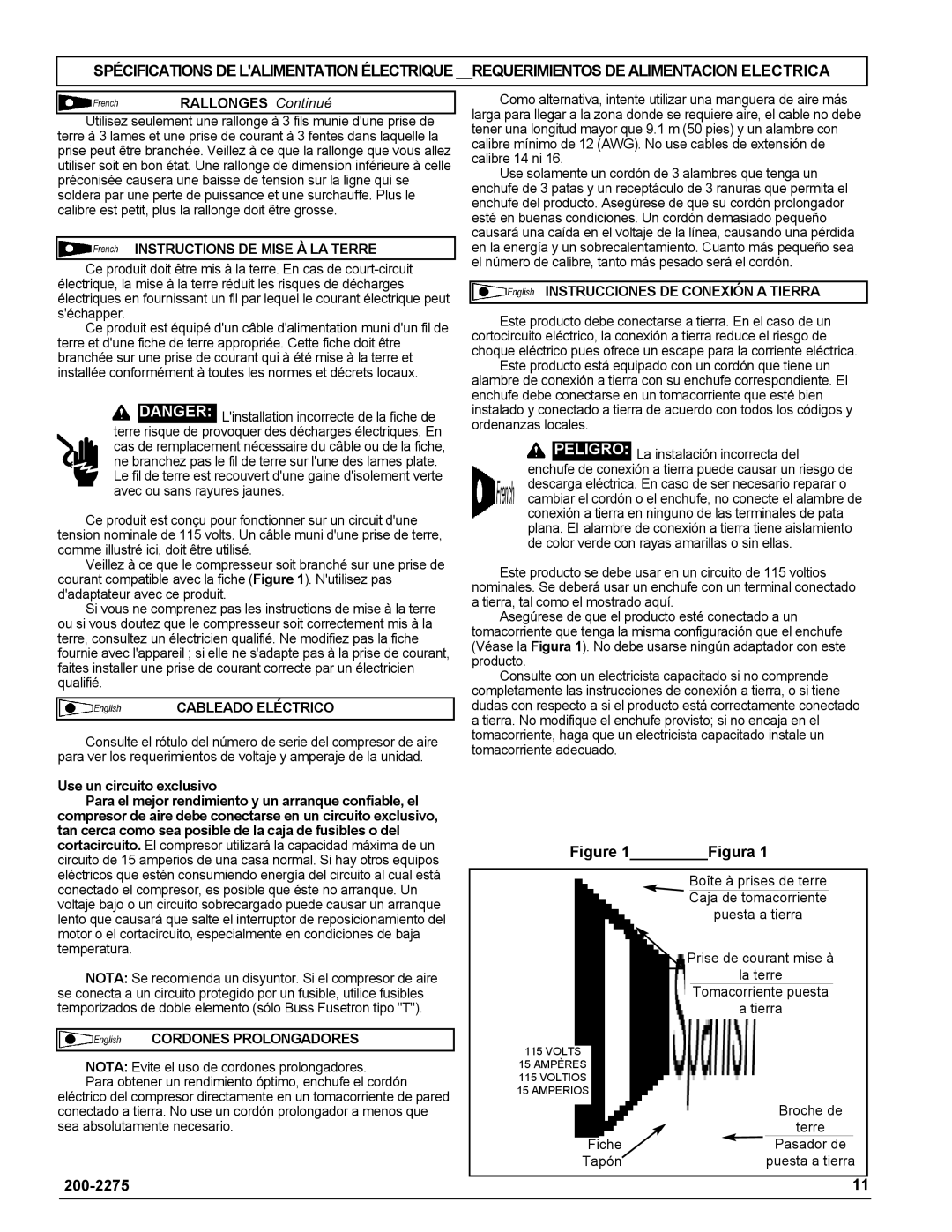 Coleman Air Compressors warranty Instructions DE Mise À LA Terre, Cableado Eléctrico, Cordones Prolongadores 