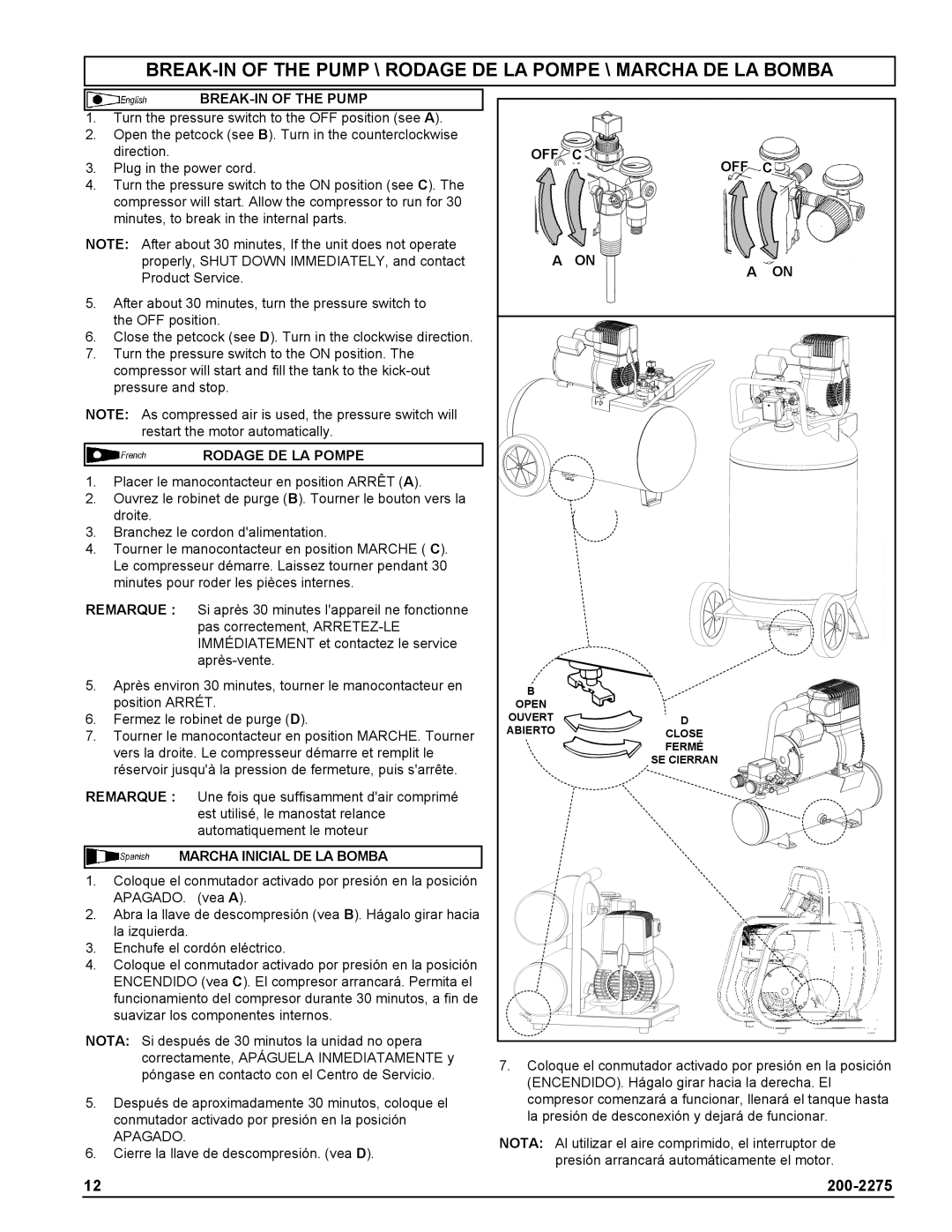 Coleman Air Compressors warranty BREAK-IN of the Pump, Rodage DE LA Pompe, Marcha Inicial DE LA Bomba, Off 