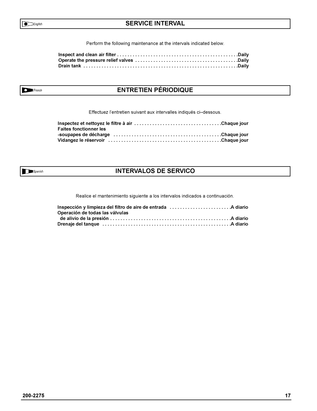 Coleman Air Compressors warranty Service Interval, Entretien Périodique, Intervalos DE Servico 