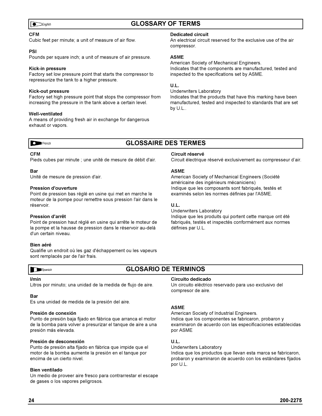 Coleman Air Compressors warranty Glossary of Terms, Glossaire DES Termes, Glosario DE Terminos 