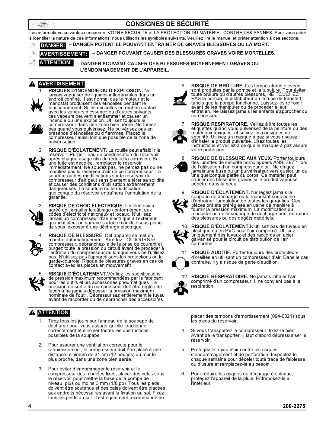 Coleman Air Compressors warranty Consignes DE Sécurité, Avertissement 