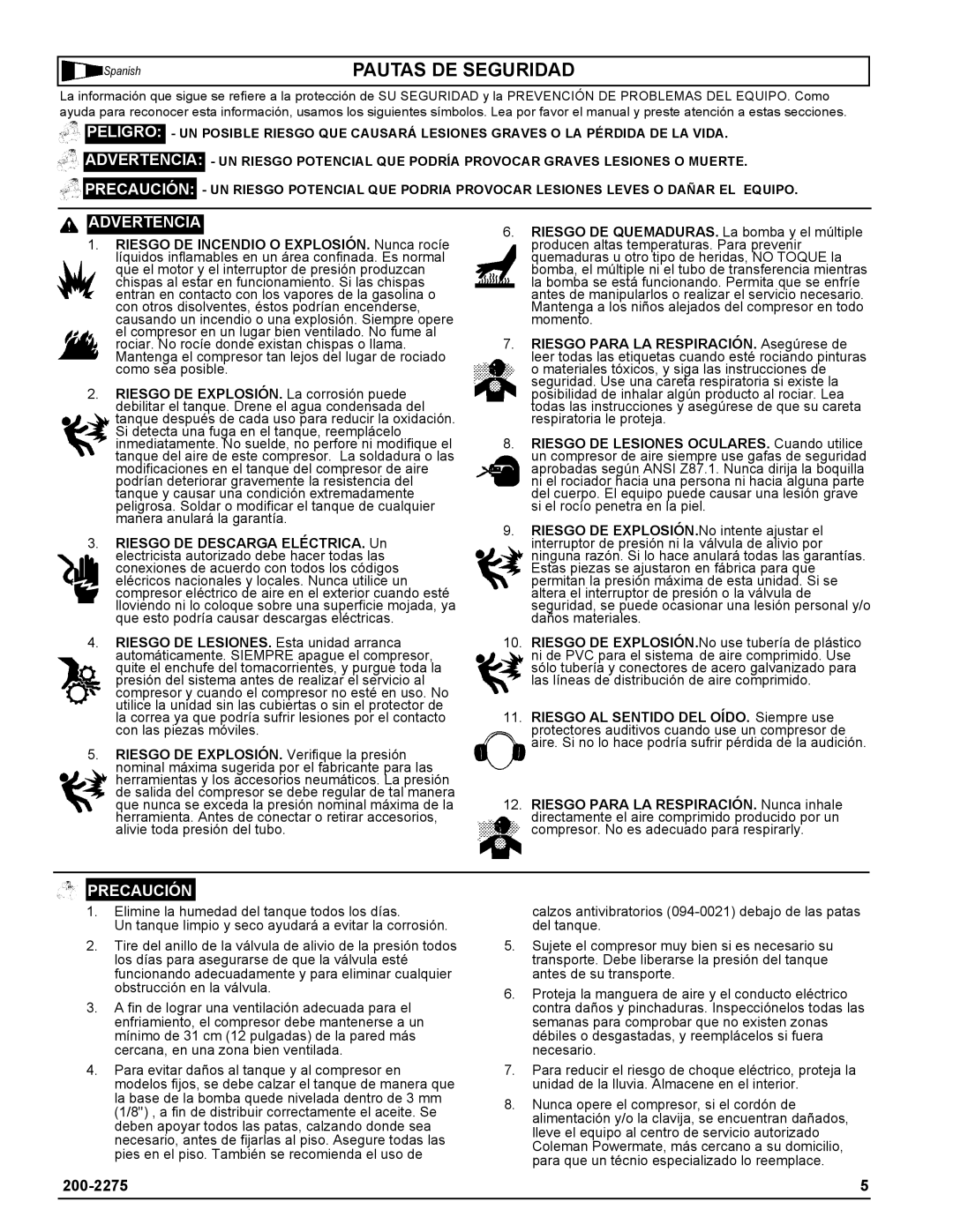 Coleman Air Compressors warranty Pautas DE Seguridad, Advertencia 