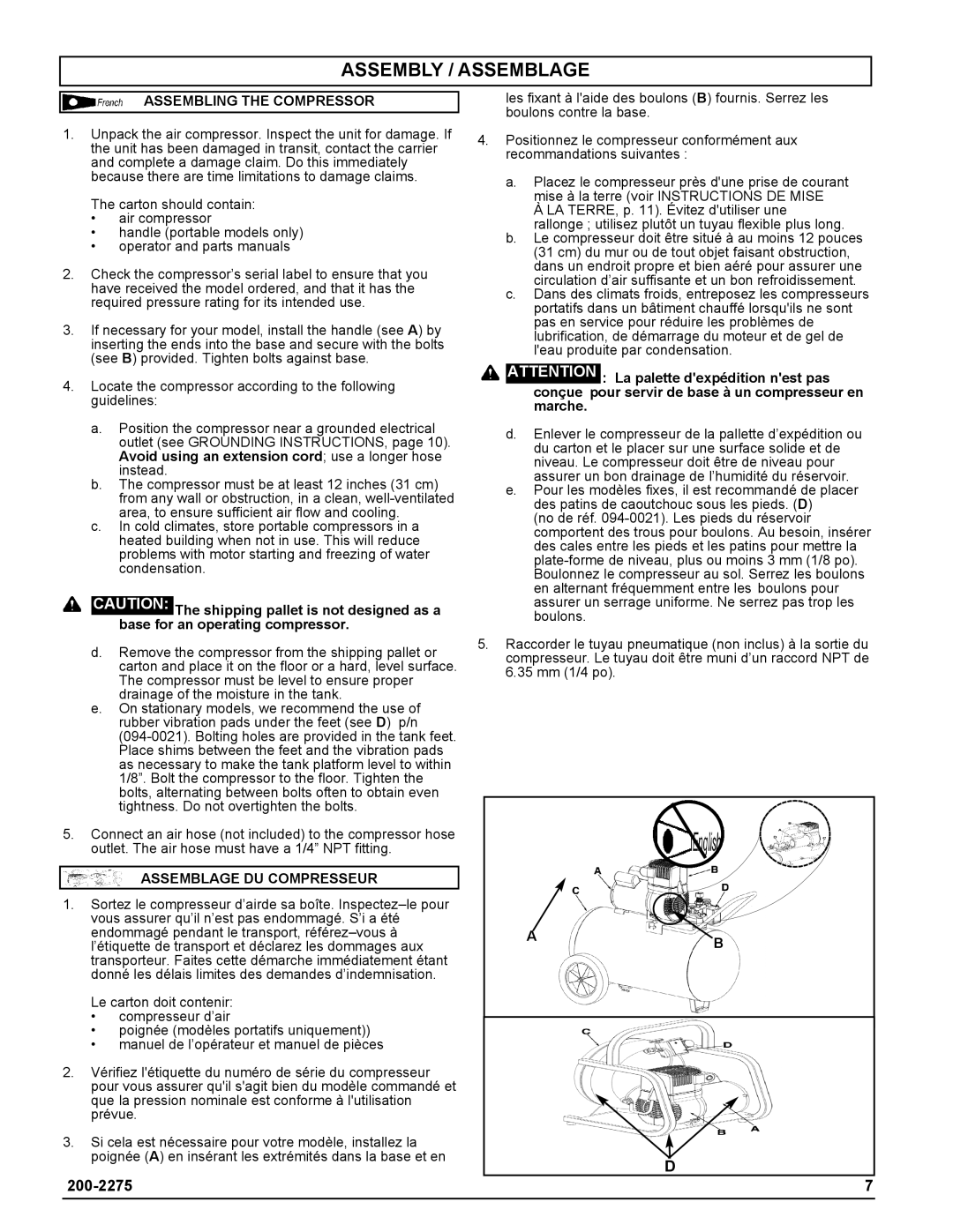 Coleman Air Compressors warranty Assembly / Assemblage, Assembling the Compressor, Assemblage DU Compresseur 