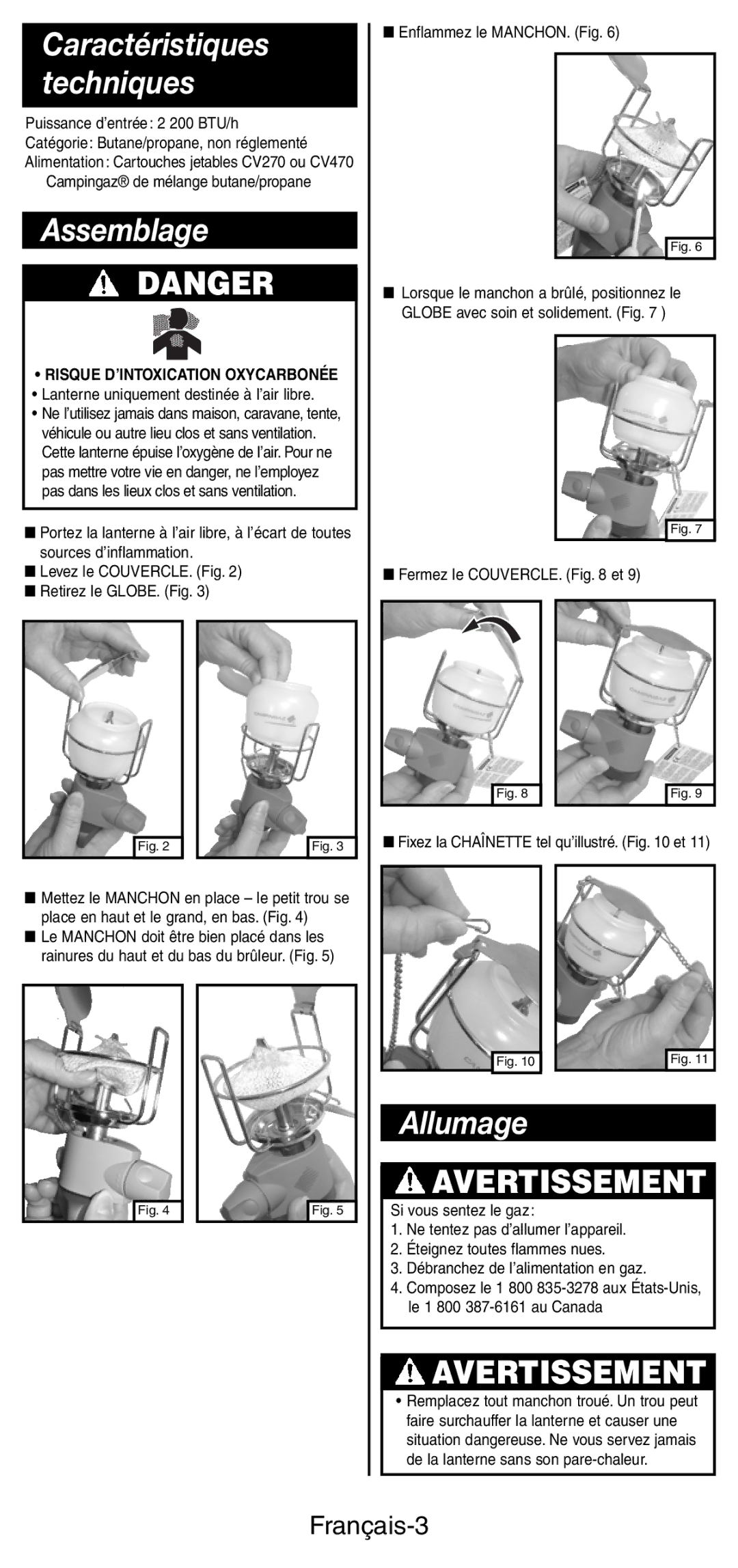 Coleman C270 PZA Series, C270A Series manual Assemblage, Allumage, Français-3, Lanterne uniquement destinée à l’air libre 