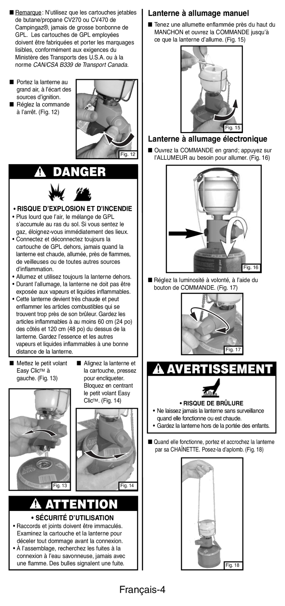 Coleman C270A Series manual Français-4, Risque D’EXPLOSION ET D’INCENDIE, Gardez la lanterne hors de la portée des enfants 