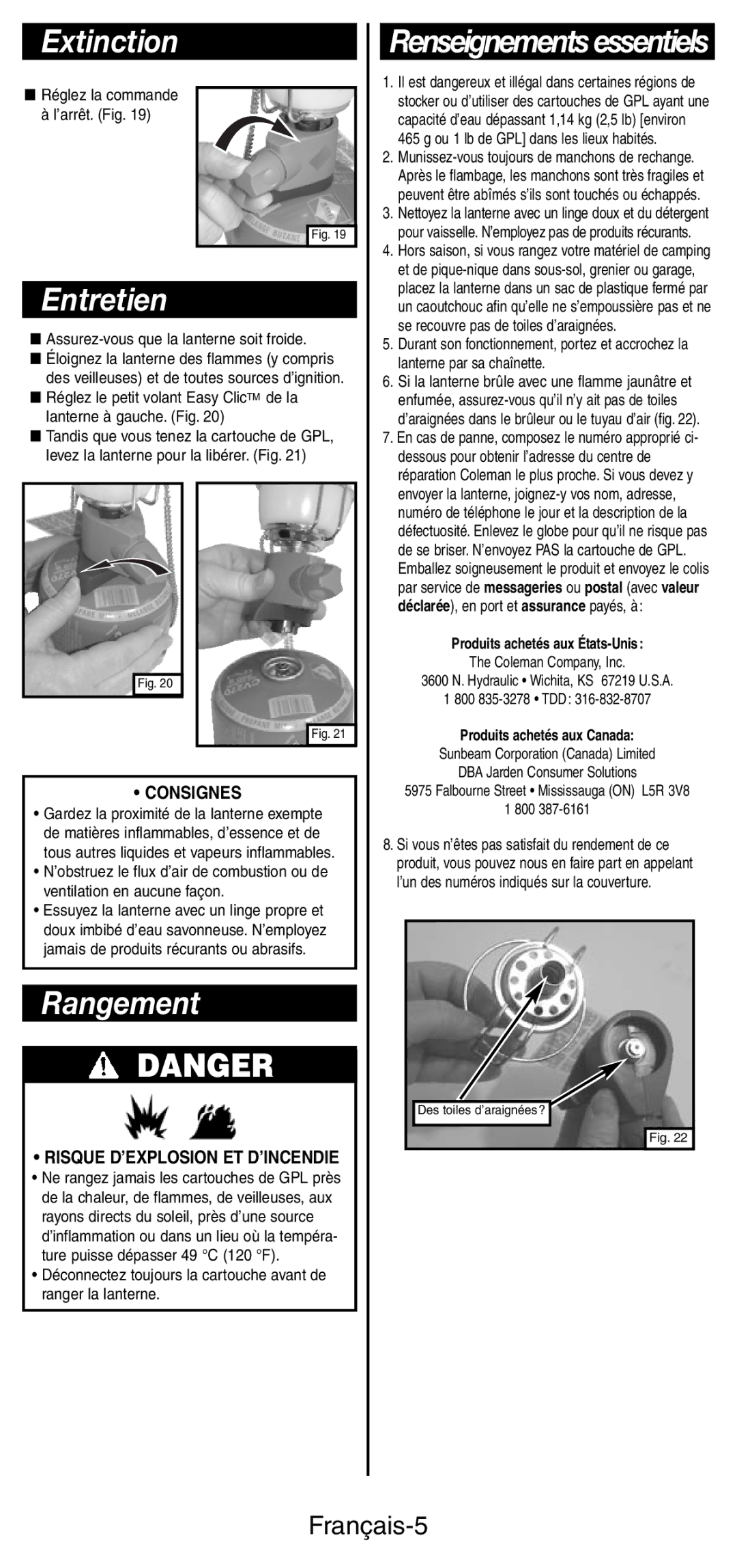 Coleman C270 PZA Series, C270A Series manual Extinction, Entretien, Rangement, Renseignements essentiels, Français-5 