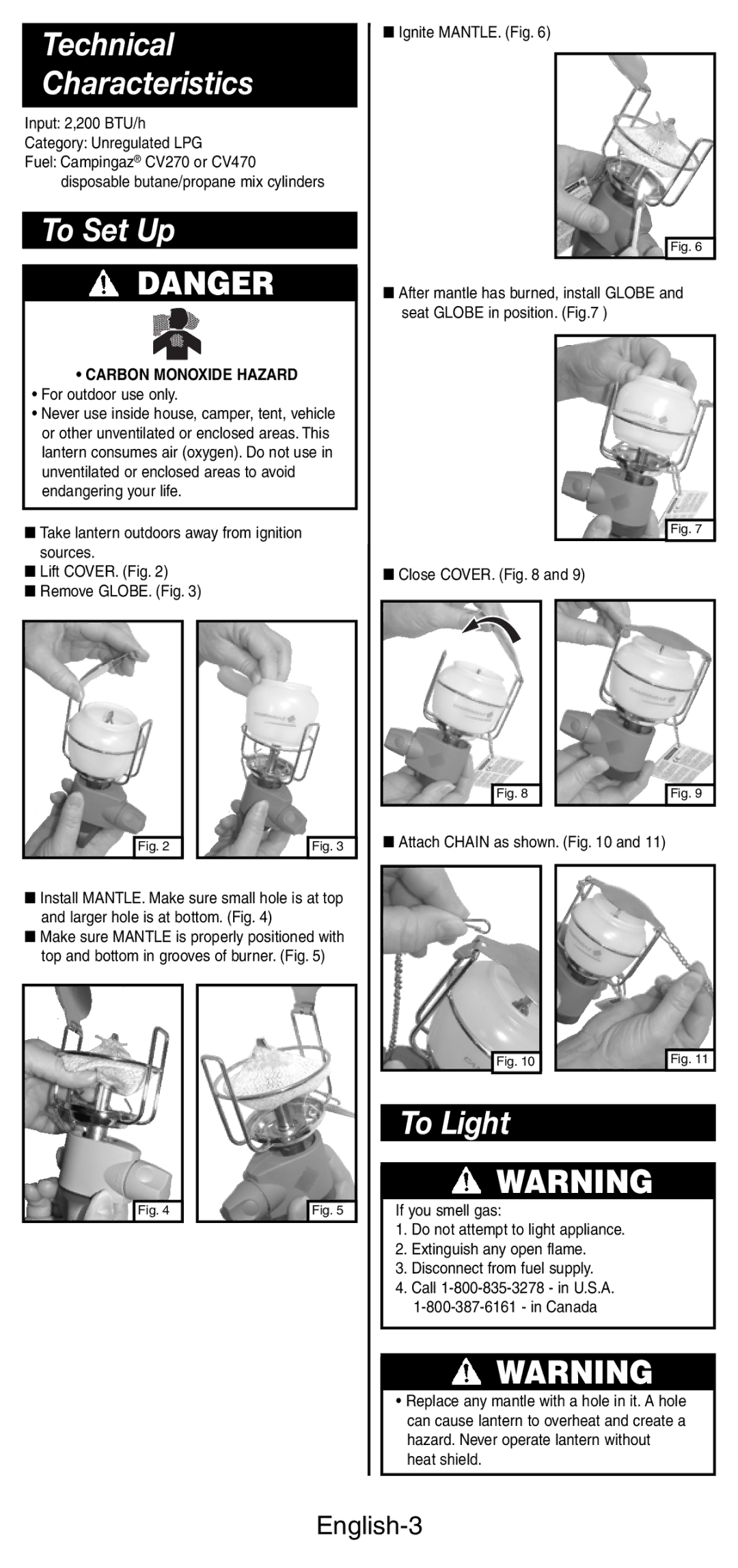 Coleman C270 PZA Series, C270A Series manual Technical Characteristics, To Set Up, To Light, English-3 